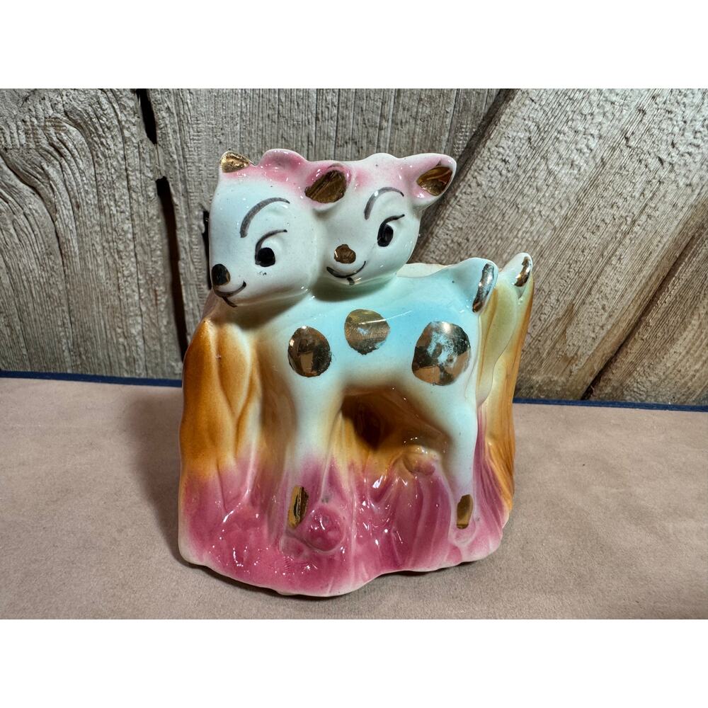 Vintage Ceramic Pottery Two Pink Blue Deer w/ Pink Stump Planter